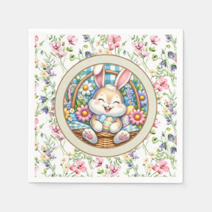 Frohe Ostern mit süßem Hasen, Eiern und Blumen Serviette