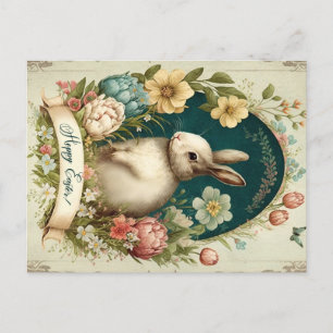 Frohe Ostern mit Vintage-Hasen und Blumen Postkarte
