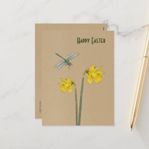Frohe Ostern, Narzisse, Osterglocke und Libelle Feiertagspostkarte
