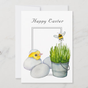 Frohe Ostern, niedliches Küken und Hummeln Einladung