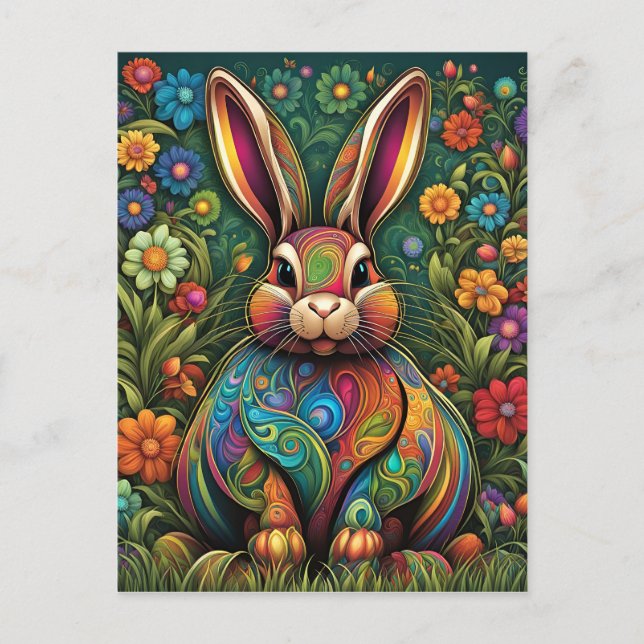Frohe Ostern - Osterhase in Blumen 2 Einladungspostkarte (Vorderseite)