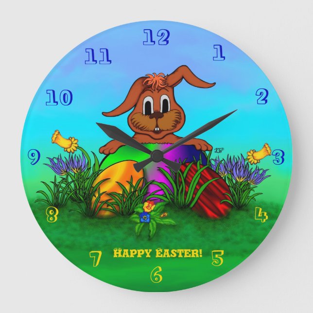 Frohe Ostern! Osterkaninchen Große Wanduhr (Vorderseite)