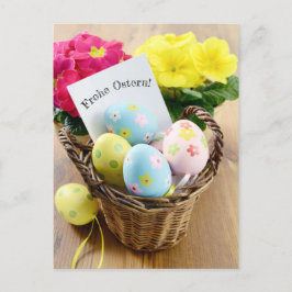 Frohe Ostern Postkarte mit Primel und Osterei