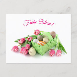 Frohe Ostern Postkarte mit Tulpen Ostereiern