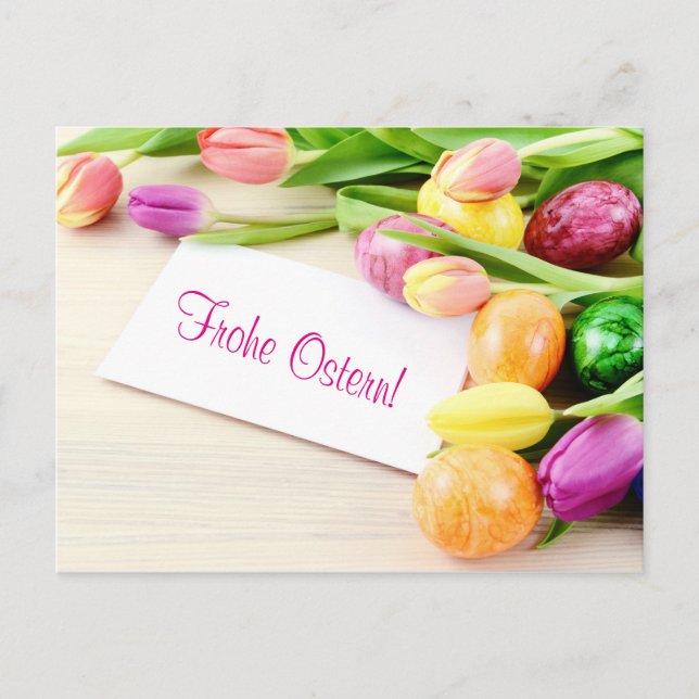 Frohe Ostern Postkarte mit Tulpen und Ostereier (Vorderseite)