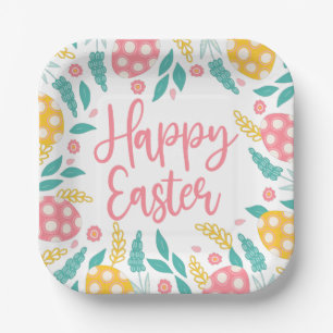 Frohe Ostern Rosa Aqua-Ostereier im Laub Pappteller