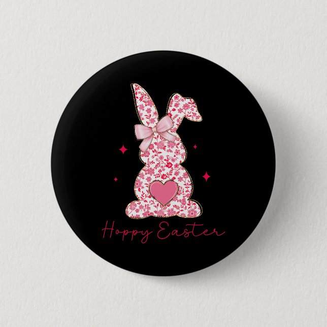 Frohe Ostern Rosa Floral Chinoiserie Hase Mädchen  Button (Vorderseite)