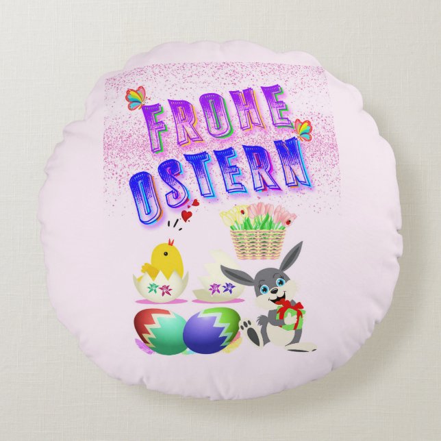 Frohe Ostern Rundes Kissen (Vorderseite)