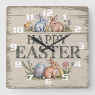 Frohe Ostern Schön Elegant und rustikal Ostern Quadratische Wanduhr