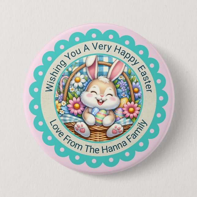 Frohe Ostern, Süße Hase & Blumenkorb Geschenke Button (Vorderseite)