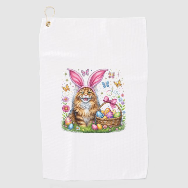 Frohe Ostern Süßer Hase Maine Coon Katze Ostereier Golfhandtuch (Vorderseite)