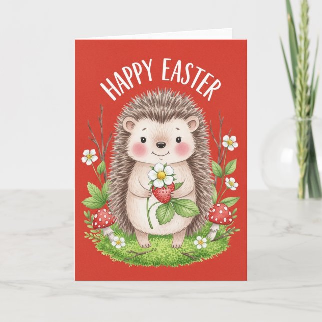 Frohe Ostern Süßer Igel mit Erdbeere  Karte (Vorderseite)