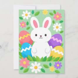 Frohe Ostern Süßer Weißer Hase Bunte Eier Grün  Feiertagskarte