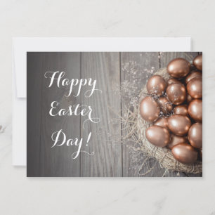frohe ostern tag goldene eier holz mitteilungskarte