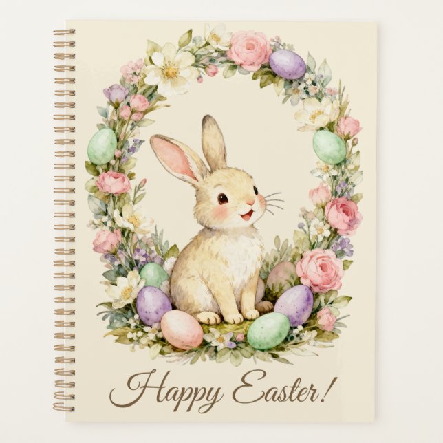 Frohe Ostern Vintage-Hase-Blumenkranz Planer (Vorderseite)
