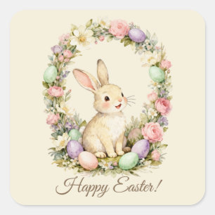 Frohe Ostern Vintage-Hase-Blumenkranz Quadratischer Aufkleber