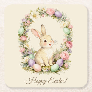 Frohe Ostern Vintage-Hase-Blumenkranz Rechteckiger Pappuntersetzer