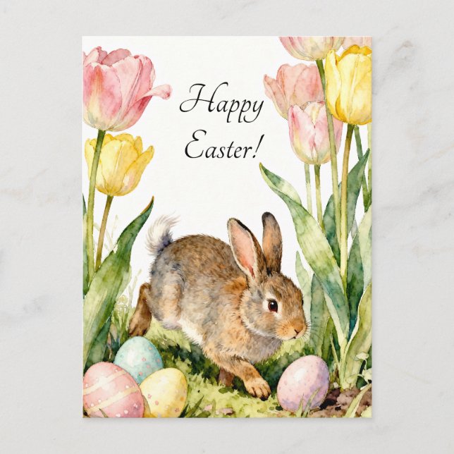 Frohe Ostern Vintage-Hase Eier & Frühlingsblumen Postkarte (Vorderseite)