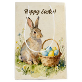 Frohe Ostern Vintage-Hase mit Ostereierkorb Mittlere Geschenktüte