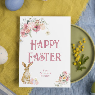 Frohe Ostern Vintage-Hase und Blumen Ostern Feiertagspostkarte