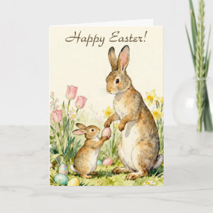 Frohe Ostern Vintage-Hasen mit bemalten Eiern Karte