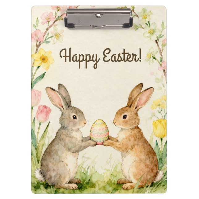 Frohe Ostern Vintage-Hasen mit Ei Klemmbrett (Vorderseite)