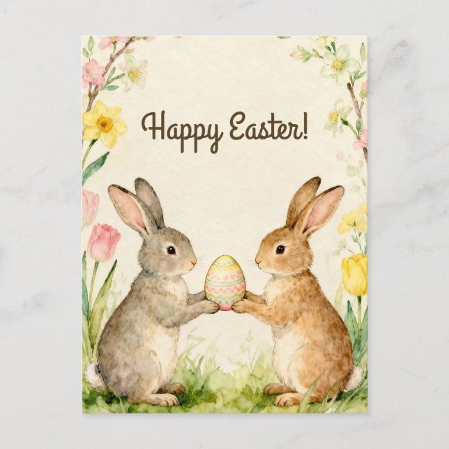 Frohe Ostern Vintage Hasen mit Ei Postkarte (Vorderseite)