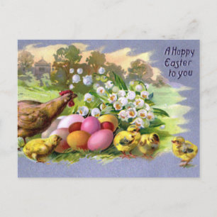 Frohe Ostern Vintage Huhn und Eier Farbige Postkarte