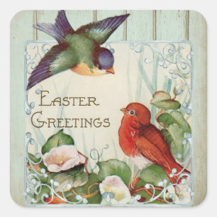 Frohe Ostern Vintage Vögel Quadratischer Aufkleber