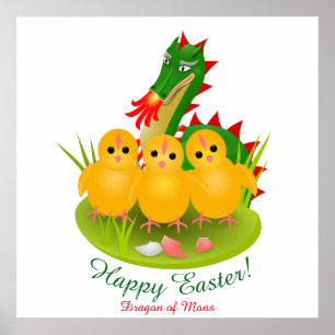 Frohe Ostern von drei Küken und dem Drachen von Mo Poster