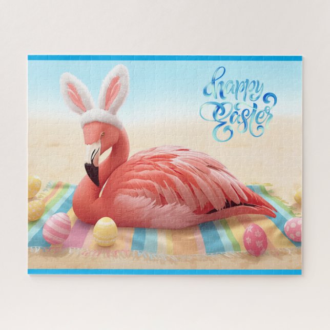Frohe Ostern von Florida Flamingo Bunny am Strand  Puzzle (Horizontal)