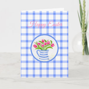 Frohe Ostern Wasserfarbe Tulpen Blau Kariert Feiertagskarte