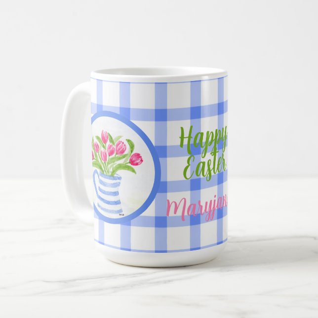 Frohe Ostern Wasserfarbe Tulpen Blau Kariert Kaffeetasse (Vorderseite Links)