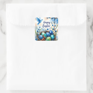 Frohe Ostern Wasserfarben-Hasen-Nest-Karte Quadratischer Aufkleber