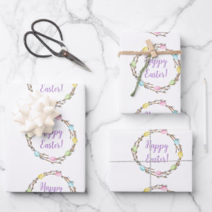 Frohe Ostern Weidenkranz mit Pastell-Eiern Geschenkpapier Set