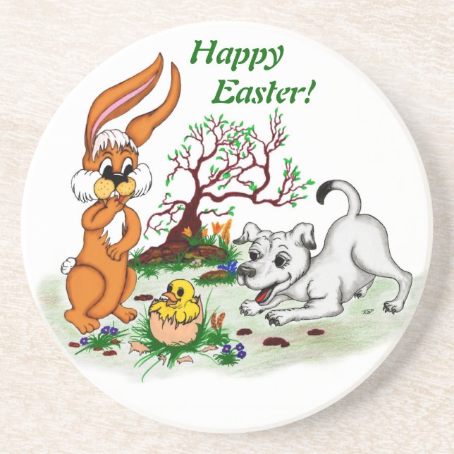 Frohe Ostern! Welpe, Küken, Hase Getränkeuntersetzer (Vorne)