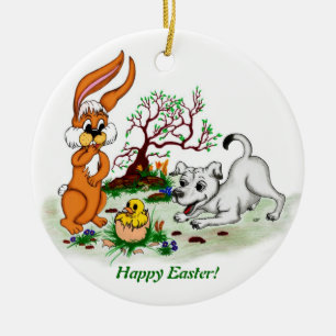 Frohe Ostern! Welpe, Küken, Hase Keramik Ornament