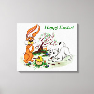 Frohe Ostern! Welpe, Küken, Hase Leinwanddruck