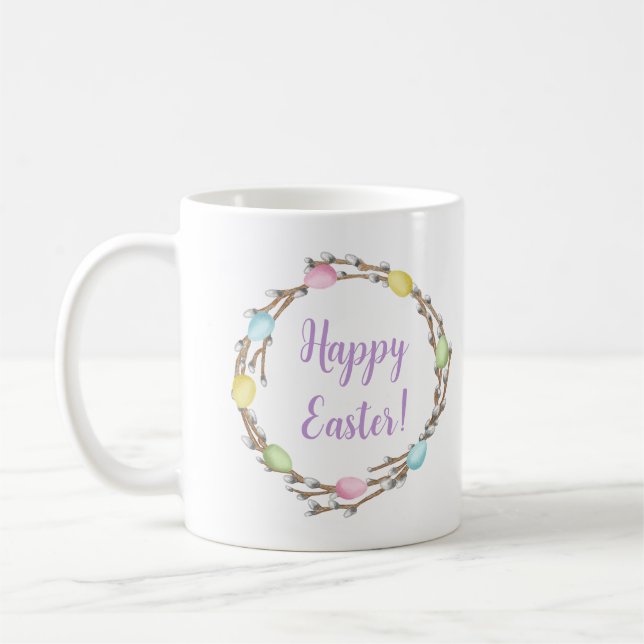 Frohe Osternweidenkränze mit Pastelleiern Kaffeetasse (Links)