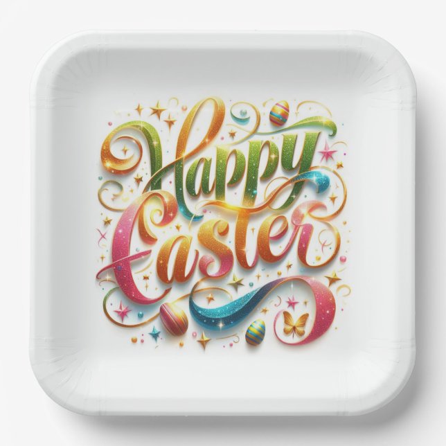 Frohe Ostertypografie im Glitzer Pappteller (Vorderseite)