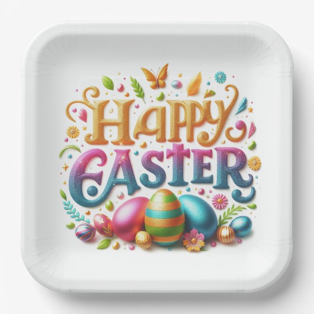 Frohe Ostertypografie im Glitzer Pappteller (Vorderseite)