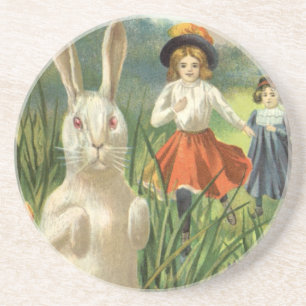 Frohe Osterzeit Vintage-Osterhase und Kinder Getränkeuntersetzer