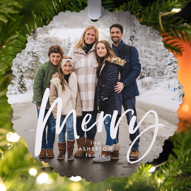 Frohe Pinselschrift zwei Foto Weihnachten Ornament Karte (Von Creator hochgeladen)