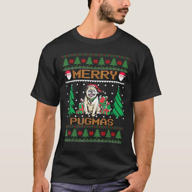 Frohe Pugmas Weihnachten Ugly Sweater Mops Familie T-Shirt (Vorderseite)