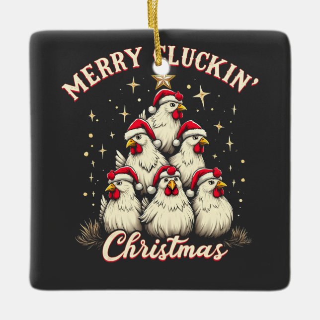 Frohe Schläge Weihnachts Funny Chicken Roosters Keramikornament (Vorderseite)