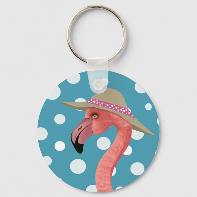Frohe Sommer Flamingo Blue Polka Dot Summer Hat Schlüsselanhänger (Rückseite)