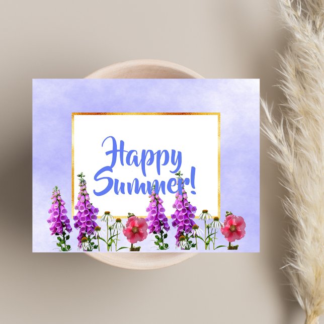 Frohe Sommer rosa Blume auf Weißgold und Blau Postkarte (Von Creator hochgeladen)