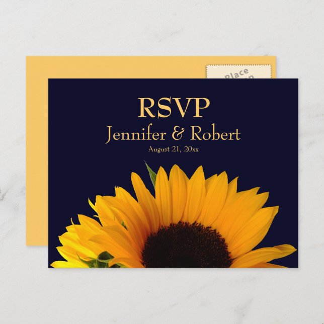 Frohe Sonnenblumen Navy Blue Wedding RSVP Einladungspostkarte (Vorne/Hinten)