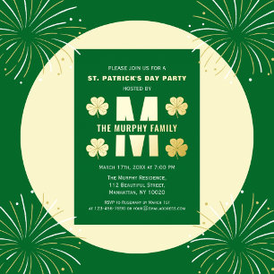 Frohe St. Patrick's Day-Party Familienname-Monogra Folieneinladung
