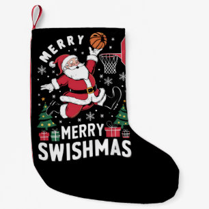 Frohe Swishmas Weihnachten Santa spielt Basketball Kleiner Weihnachtsstrumpf